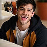 A happy black and tan dog with a wide smile and tongue out peeks over a beige textured surface, with a cozy indoor background featuring a bright orange couch and a potted plant.
