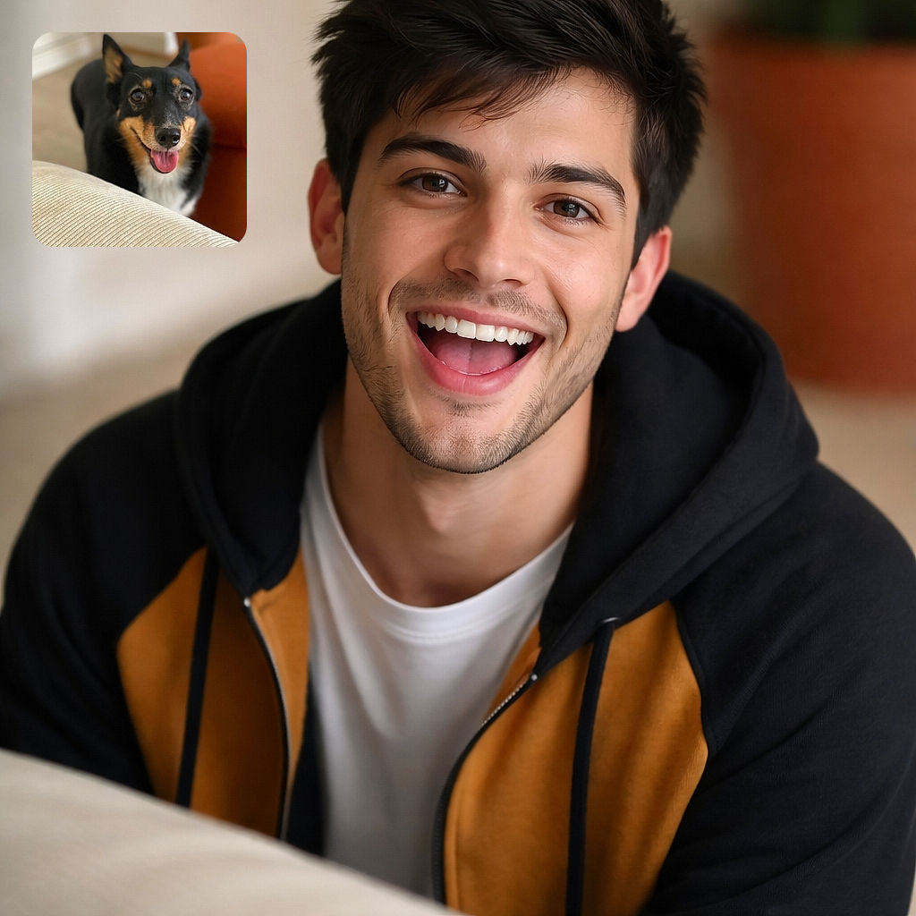 A happy black and tan dog with a wide smile and tongue out peeks over a beige textured surface, with a cozy indoor background featuring a bright orange couch and a potted plant.