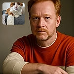A close-up photo of a ginger and white cat lounging comfortably on a gray fabric surface, stretching one paw toward the camera as if reaching out for a friendly high-five or selfie.