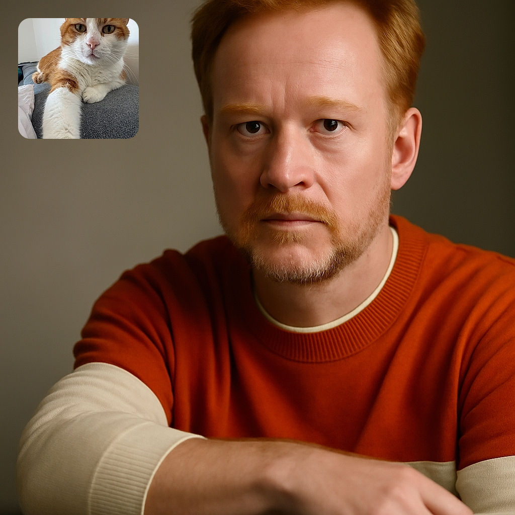 A close-up photo of a ginger and white cat lounging comfortably on a gray fabric surface, stretching one paw toward the camera as if reaching out for a friendly high-five or selfie.