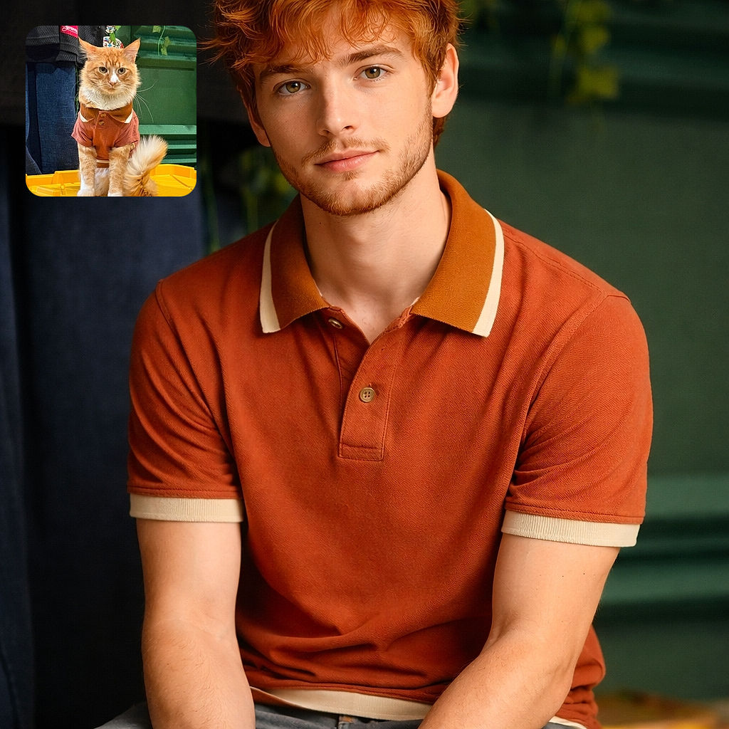 A dignified ginger cat modeling a tiny polo, perched on a bright yellow crate like it’s the catwalk — fluffy plume of a tail, whiskers sharply out, and a deadpan stare that says, 'I accept treats and compliments.' Background vines and a cheeky clothing tag add to the boutique vibes.