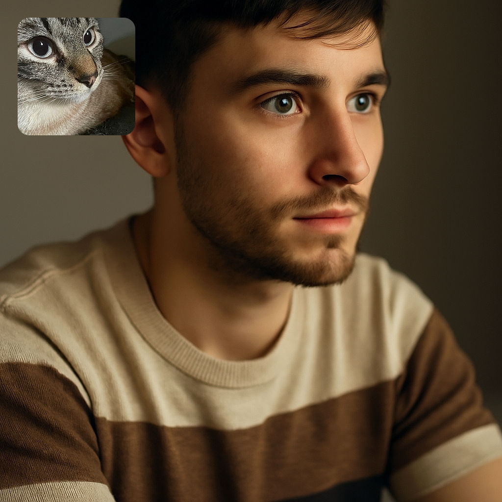 A close-up shot of a curious cat with striking blue eyes, soft fur, and delicate whiskers, gazing intently into the distance with a dark, softly blurred background.