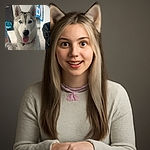 A charming Siberian Husky with heterochromia (one blue eye, one brown eye) sits indoors, tongue out in a friendly pant. The background shows a casual home setting with a sneaker, a blue bag, and a sports scarf hanging, adding a cozy vibe to the portrait.