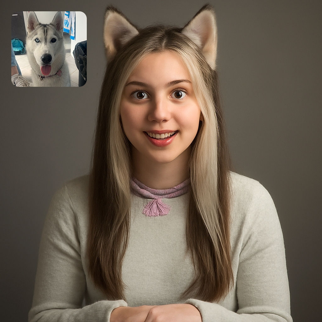 A charming Siberian Husky with heterochromia (one blue eye, one brown eye) sits indoors, tongue out in a friendly pant. The background shows a casual home setting with a sneaker, a blue bag, and a sports scarf hanging, adding a cozy vibe to the portrait.