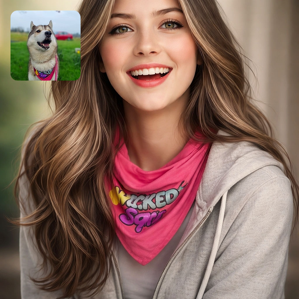A gleeful husky wearing a bright bandana poses like it knows it's adorable — mouth open in a grin, a little drool for charm, leash to the side, and a soft grassy bokeh with a red car in the background. Peak good-boy energy.