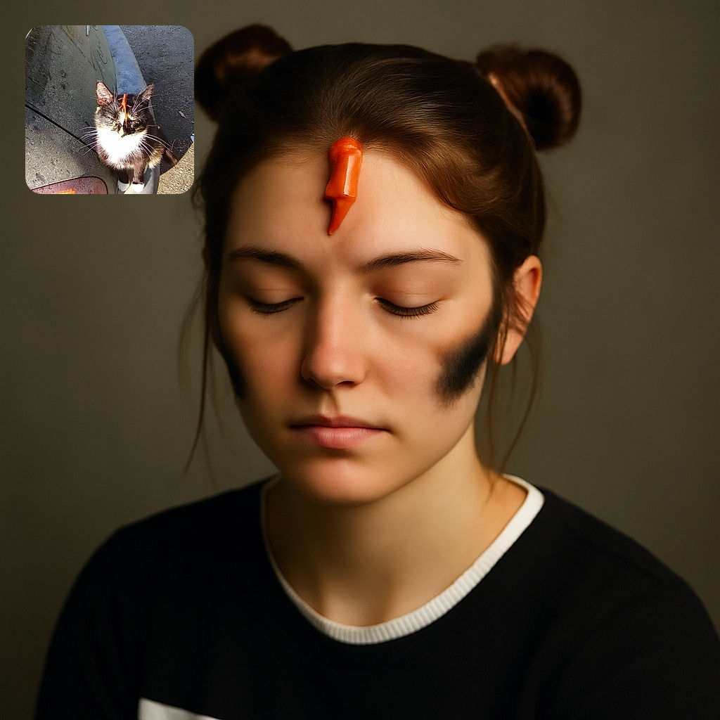 A black and white cat sits patiently on the dusty bumper of a car with a small bright orange lizard perched on its head, seemingly unaware of its unusual hat.