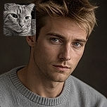 A majestic gray cat fills the frame with an intense, almost philosophical stare, as if it has just discovered the meaning of tuna. Its enormous ears, silky fur, bright whiskers, and reflective eyes create a dramatic black-and-white studio-style portrait against a dark background.