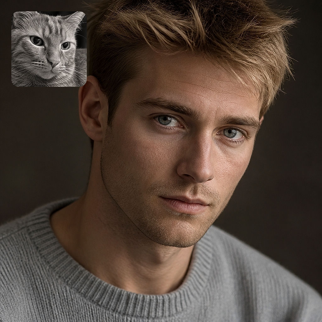 A majestic gray cat fills the frame with an intense, almost philosophical stare, as if it has just discovered the meaning of tuna. Its enormous ears, silky fur, bright whiskers, and reflective eyes create a dramatic black-and-white studio-style portrait against a dark background.
