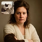A fluffy, dark-faced cat is peacefully napping on the backrest of a couch, surrounded by cozy beige pillows, with a textured white wall and modern furniture in the background.