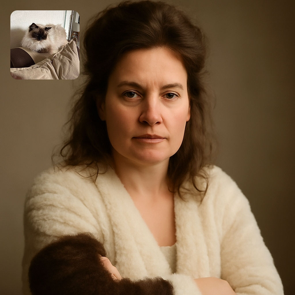 A fluffy, dark-faced cat is peacefully napping on the backrest of a couch, surrounded by cozy beige pillows, with a textured white wall and modern furniture in the background.