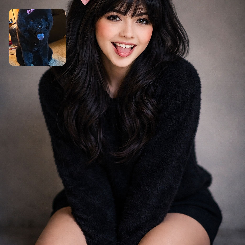 A fluffy black chow-chow with a tiny pink bow and a dramatic blue tongue stares like a sleepy teddy bear who just remembered dessert — salon-soft fur, goofy expression, and a living-room throne in the background. It looks like royalty who forgot its crown but kept the attitude.