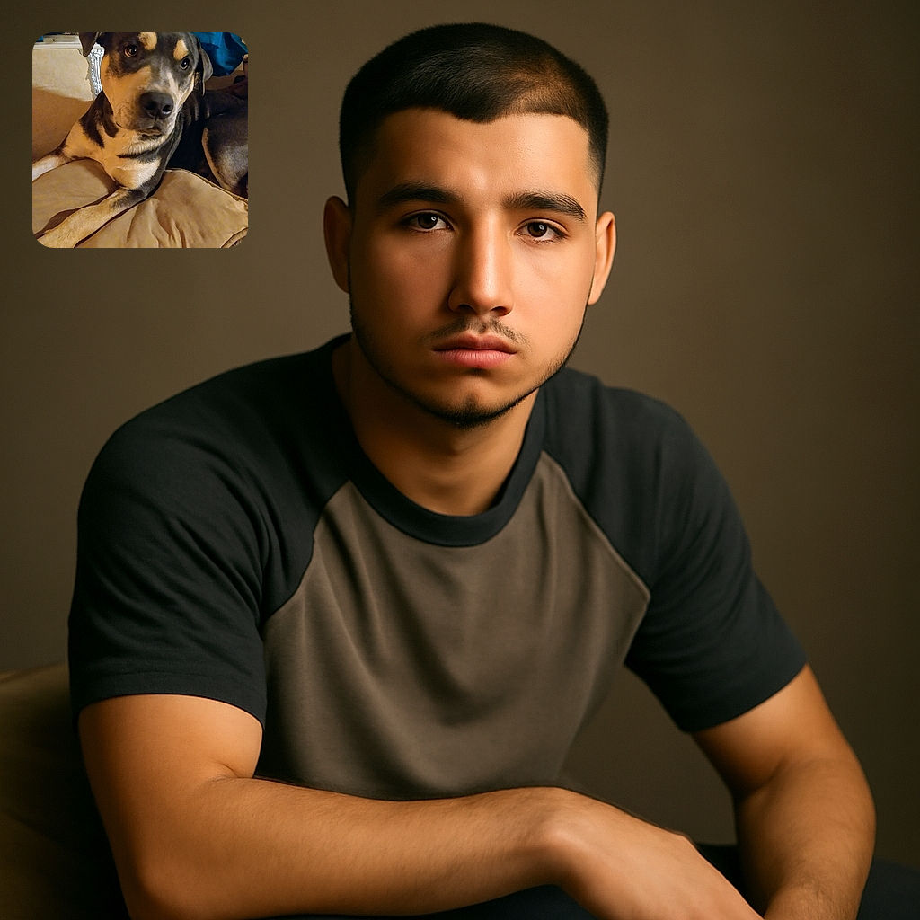 A close-up photo of a large dog with soulful eyes lounging comfortably on a beige cushion, surrounded by cozy home decor and soft lighting that gives a warm, intimate vibe.
