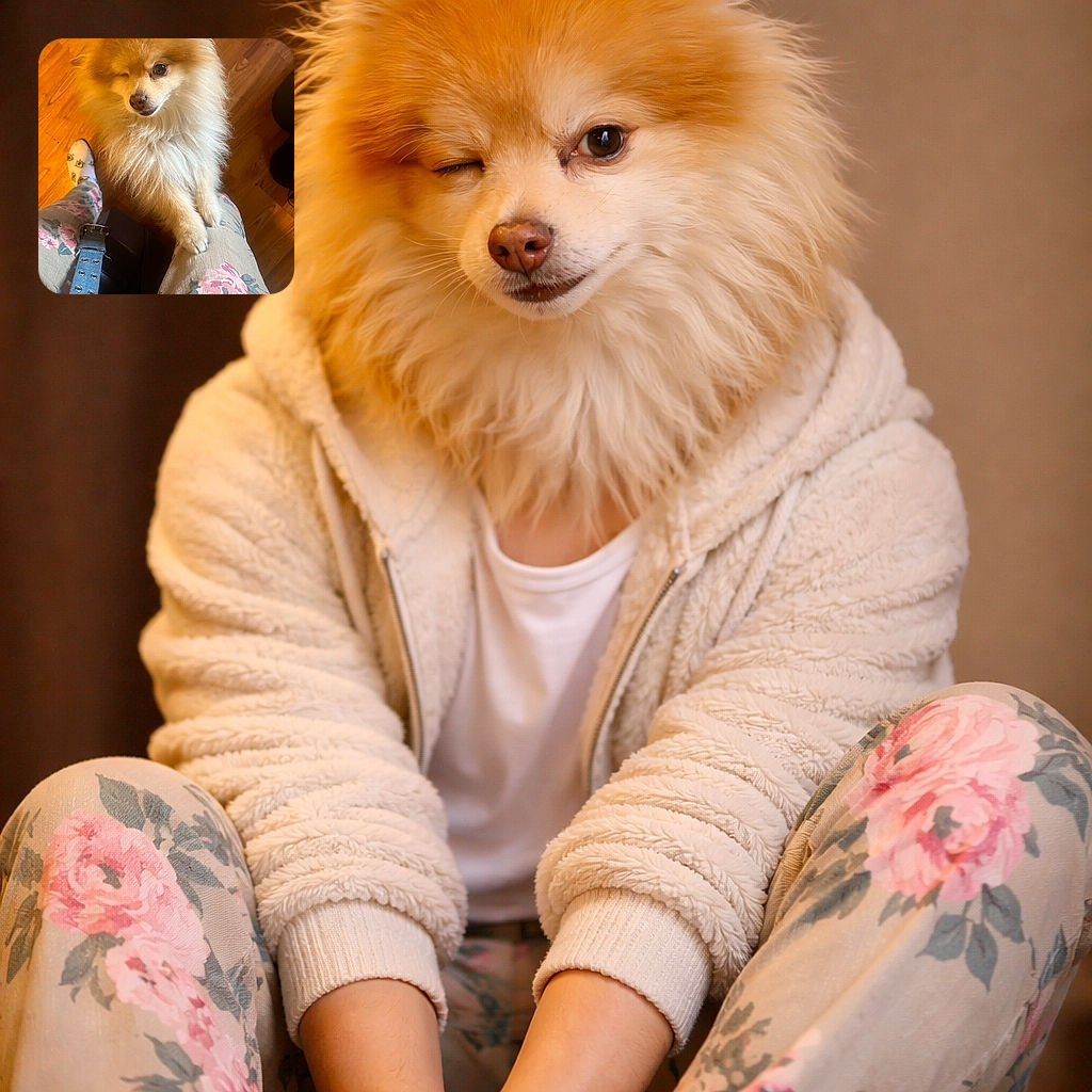 A fluffy Pomeranian dog with one eye closed stands on a person's lap wearing floral pants, looking adorably cheeky on a warm wooden floor background.
