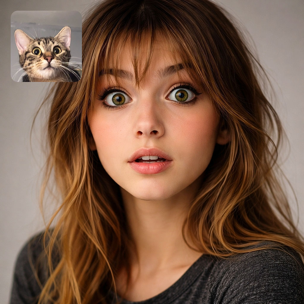 A hilariously startled tabby in extreme close-up — giant round eyes, twitchy whiskers and perky ears filling the frame as if the cat just heard the word 'treat' from across the house. Soft grey background keeps the focus on its expressive face.