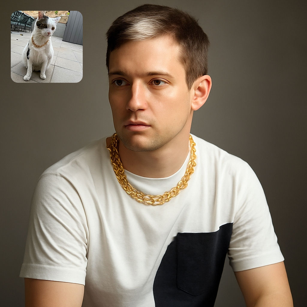 A regal white and black cat wearing a chunky gold chain sits on a tiled patio, looking off to the side with a calm and composed expression, surrounded by outdoor furniture and a wooden fence in the background.