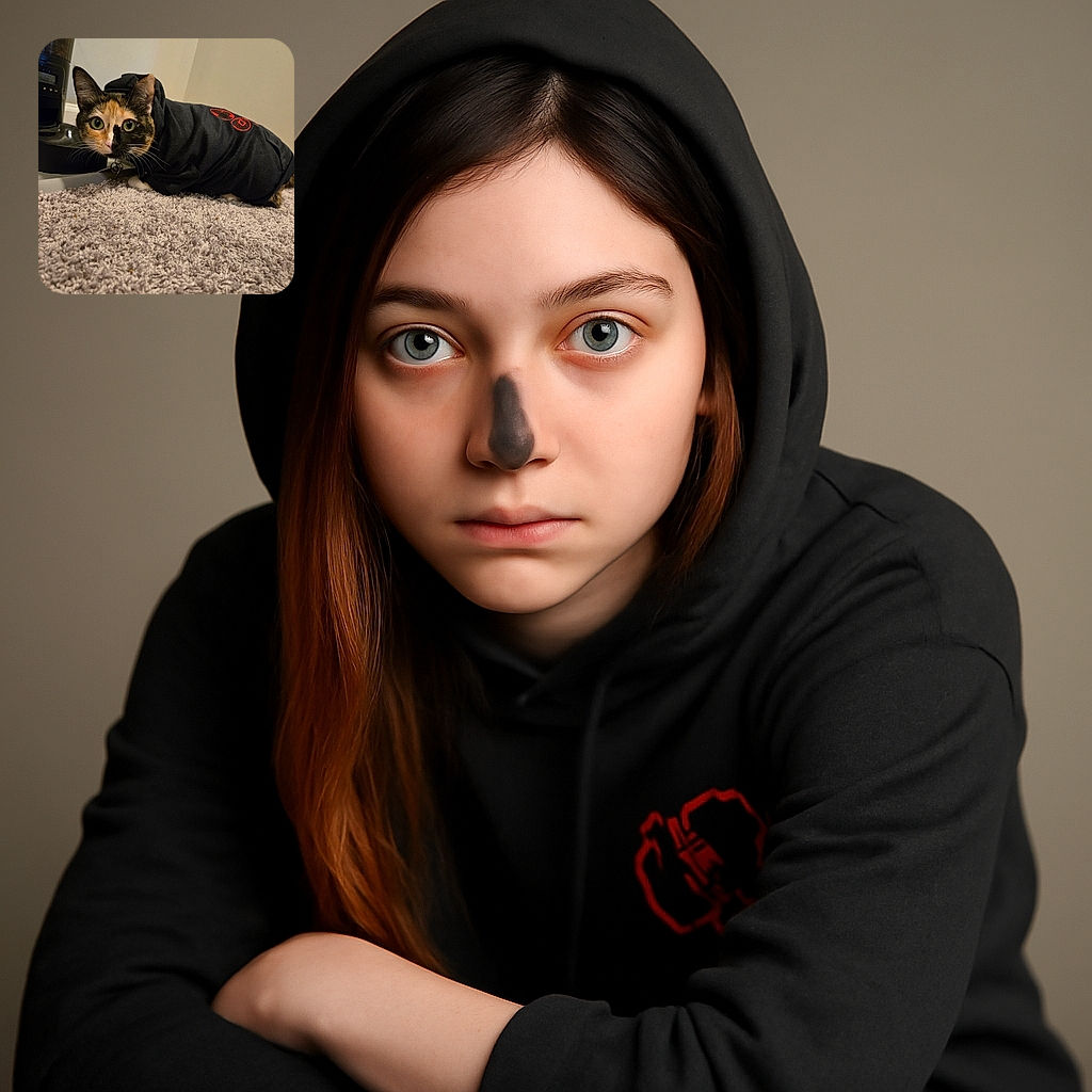 A curious calico cat wearing a black hoodie with red symbols crouches on a plush carpet next to a coffee grinder, looking wide-eyed and ready for a cozy adventure.