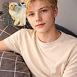 A cream-colored cat with striking blue eyes lounges comfortably on a gray pillow with a white grid pattern, looking directly at the camera with an expression that says, 'I'm the boss here.' The cozy setting and soft lighting make for a warm and inviting snapshot of feline relaxation.