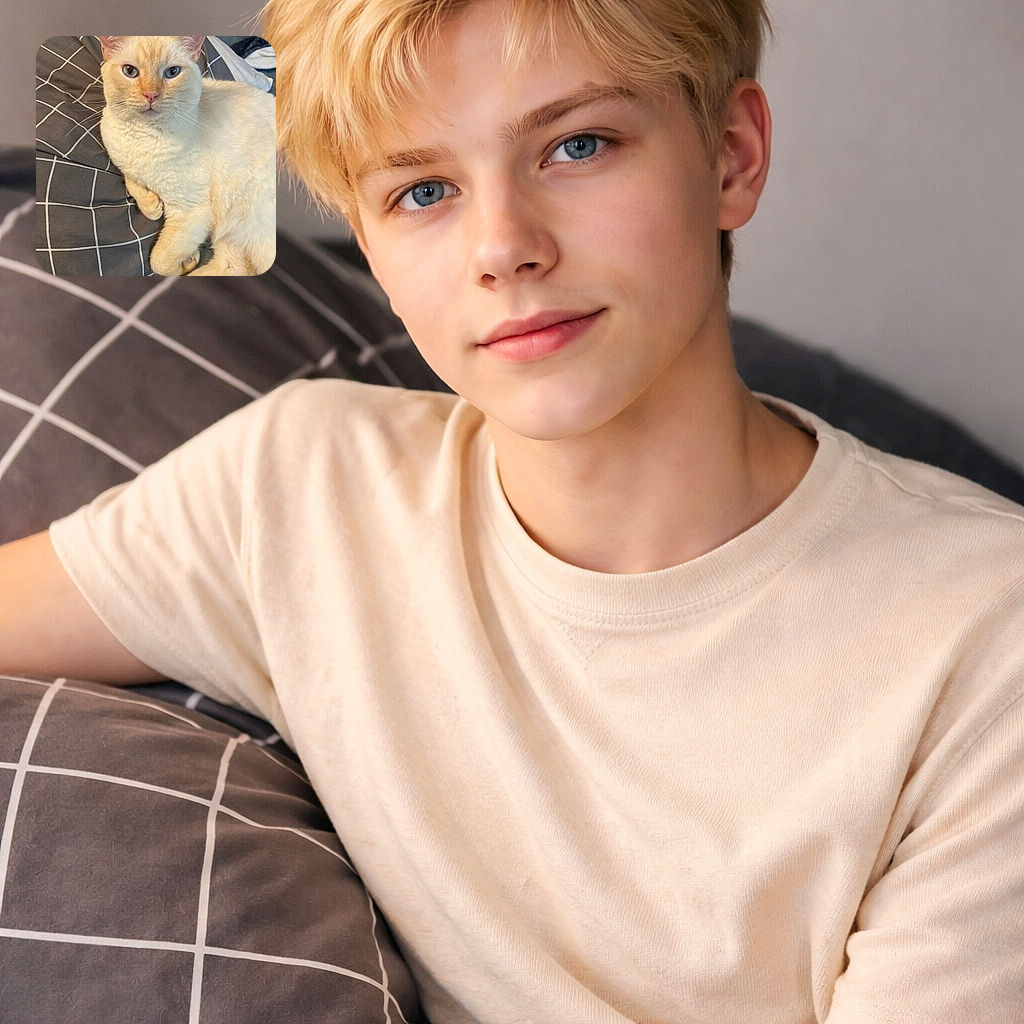 A cream-colored cat with striking blue eyes lounges comfortably on a gray pillow with a white grid pattern, looking directly at the camera with an expression that says, 'I'm the boss here.' The cozy setting and soft lighting make for a warm and inviting snapshot of feline relaxation.