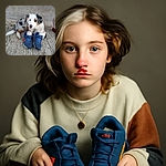 A charming tricolor puppy with a pink and black nose lounges on a rough concrete floor, playfully placing its paws inside a pair of worn blue and orange sneakers, while a human foot peeks in from the side.