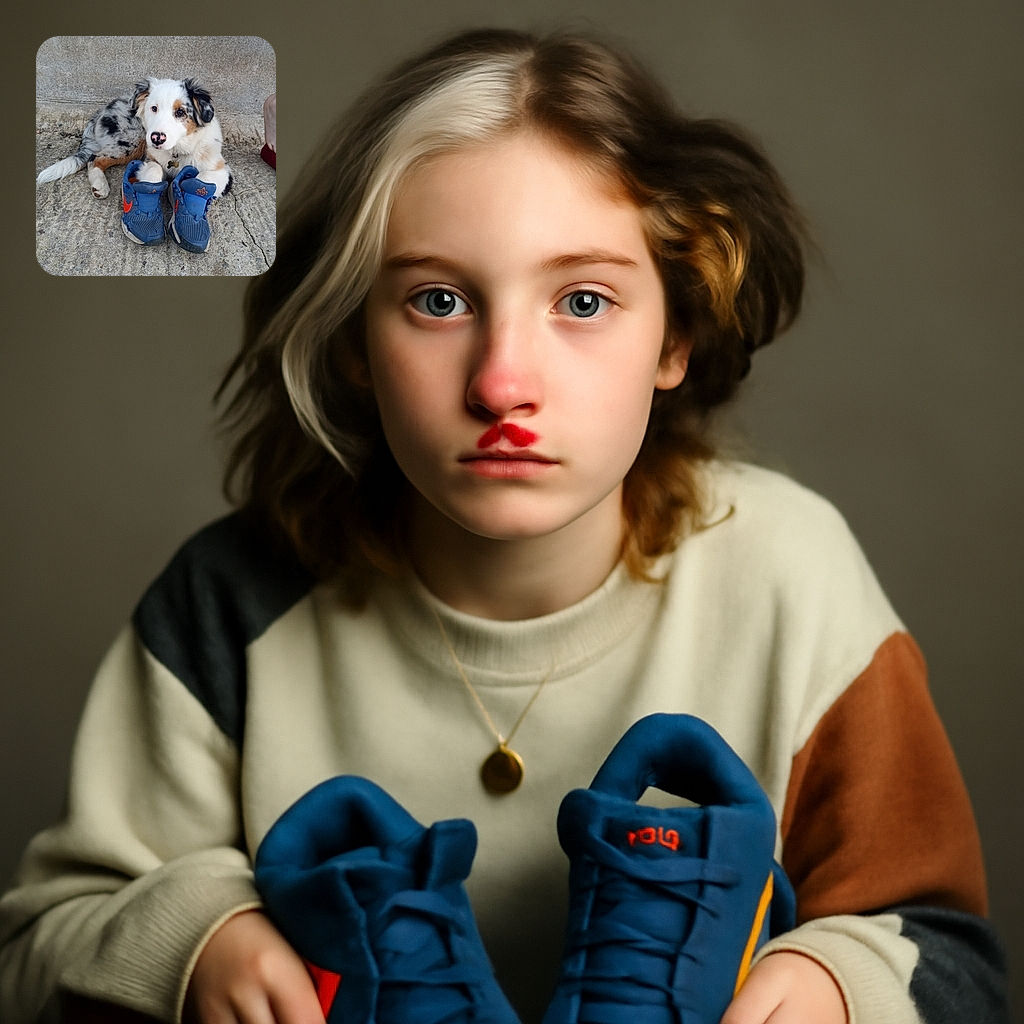 A charming tricolor puppy with a pink and black nose lounges on a rough concrete floor, playfully placing its paws inside a pair of worn blue and orange sneakers, while a human foot peeks in from the side.