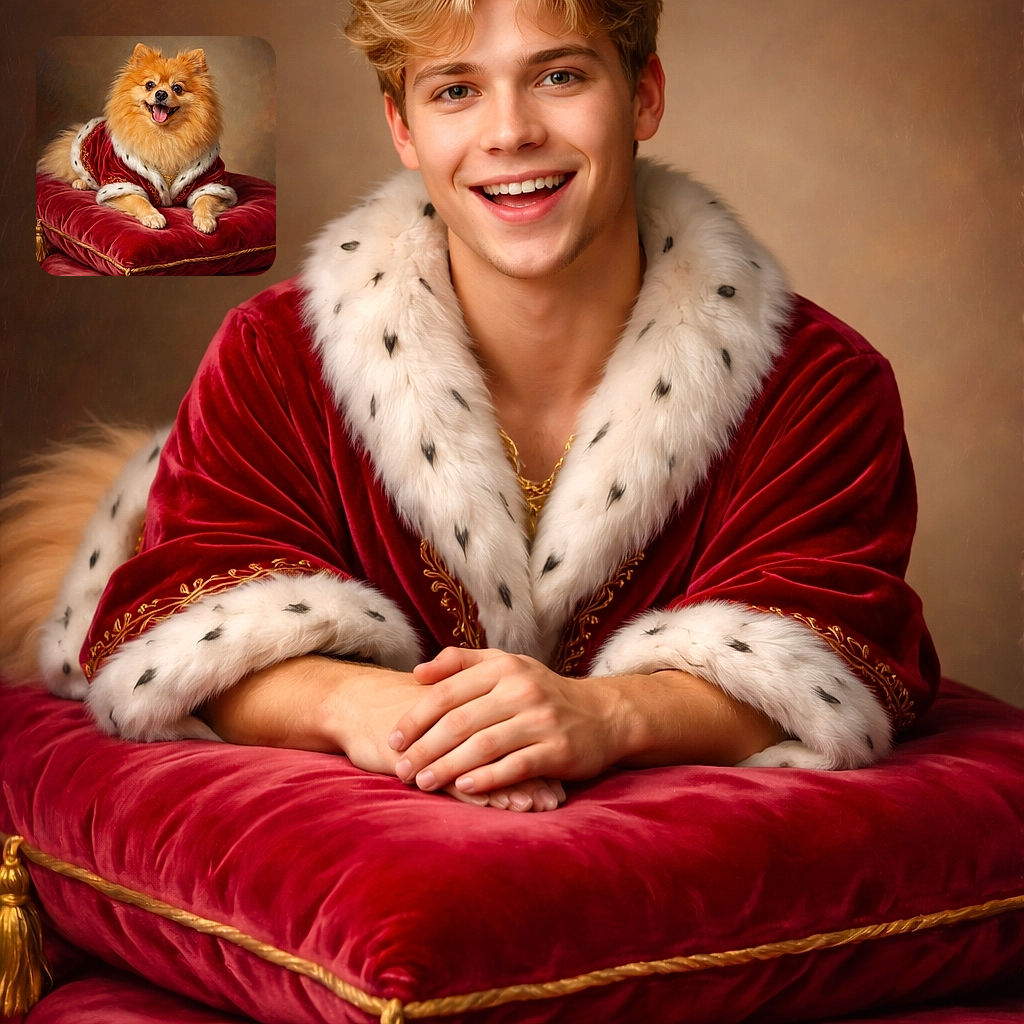 A fluffy Pomeranian sits like royalty on a plush red cushion, draped in a tiny velvet royal cloak with gold trim — tongue out, bright eyes, and enough pomp to demand a coronation (or at least extra treats).