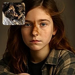 A close-up shot of a tortoiseshell cat with captivating yellow eyes, resting on a textured fabric surface with a cozy, homey background. The cat's fur is detailed and the lighting highlights its unique markings, creating a soft and intimate portrait.