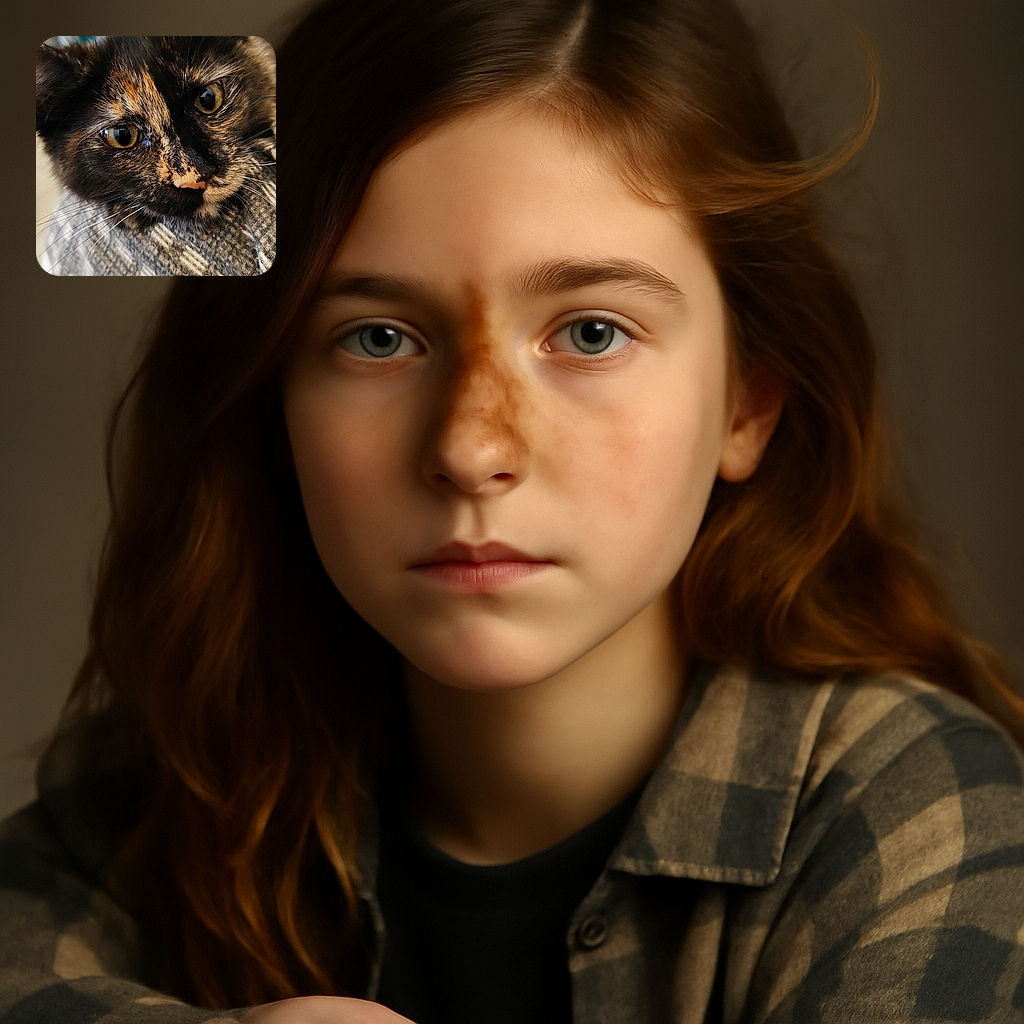 A close-up shot of a tortoiseshell cat with captivating yellow eyes, resting on a textured fabric surface with a cozy, homey background. The cat's fur is detailed and the lighting highlights its unique markings, creating a soft and intimate portrait.