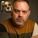 A close-up photo of a brown and white dog with soulful eyes looking directly at the camera, indoors with soft natural light coming through a window with blinds in the background. The dog appears relaxed and curious, resting on a patterned blanket with some furniture and household items blurred behind.