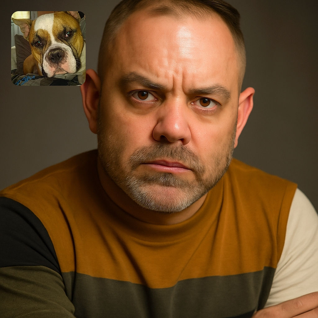 A close-up photo of a brown and white dog with soulful eyes looking directly at the camera, indoors with soft natural light coming through a window with blinds in the background. The dog appears relaxed and curious, resting on a patterned blanket with some furniture and household items blurred behind.