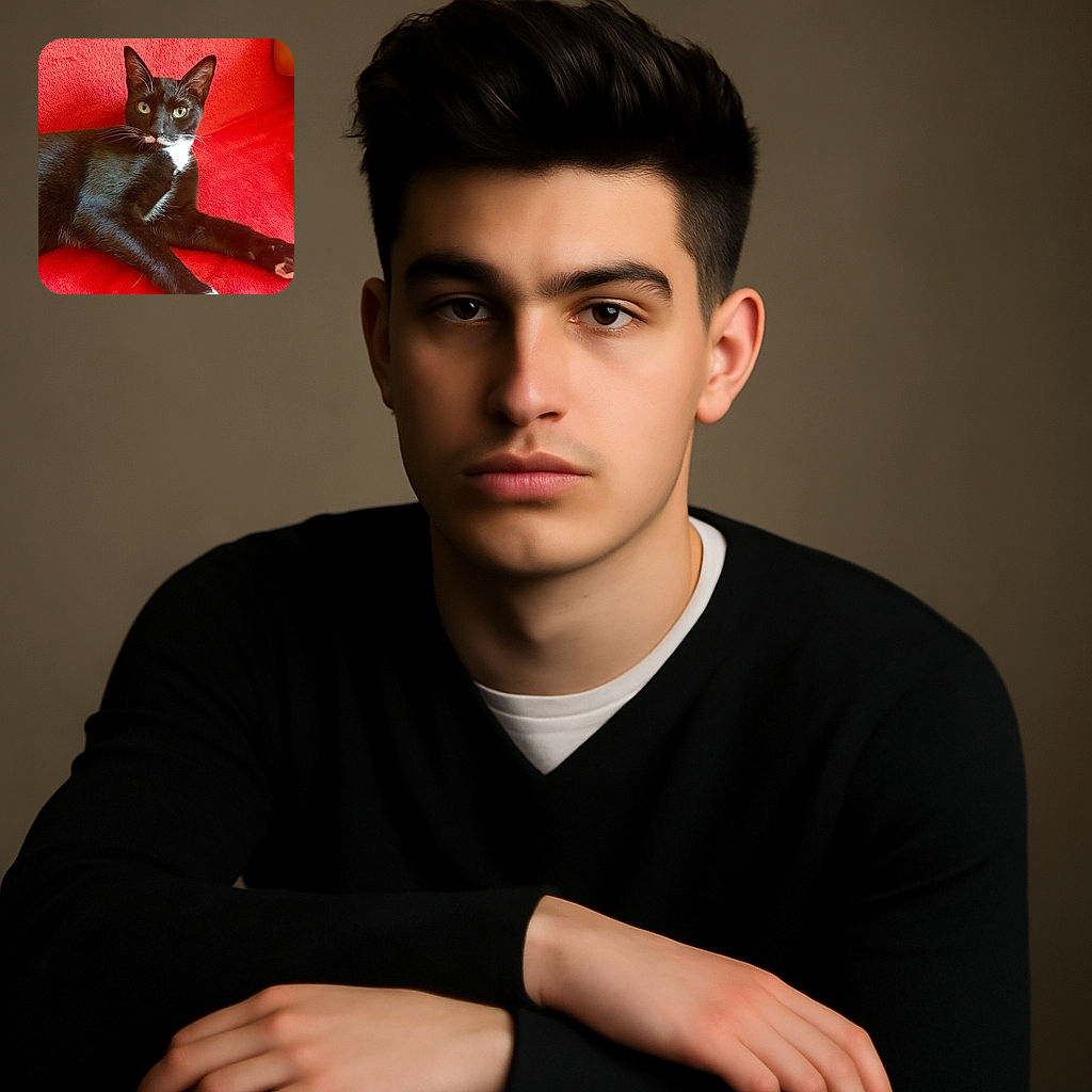 A sleek black and white cat lounges gracefully on a bright red textured blanket, its green eyes wide open and alert, as if contemplating a secret feline mission.