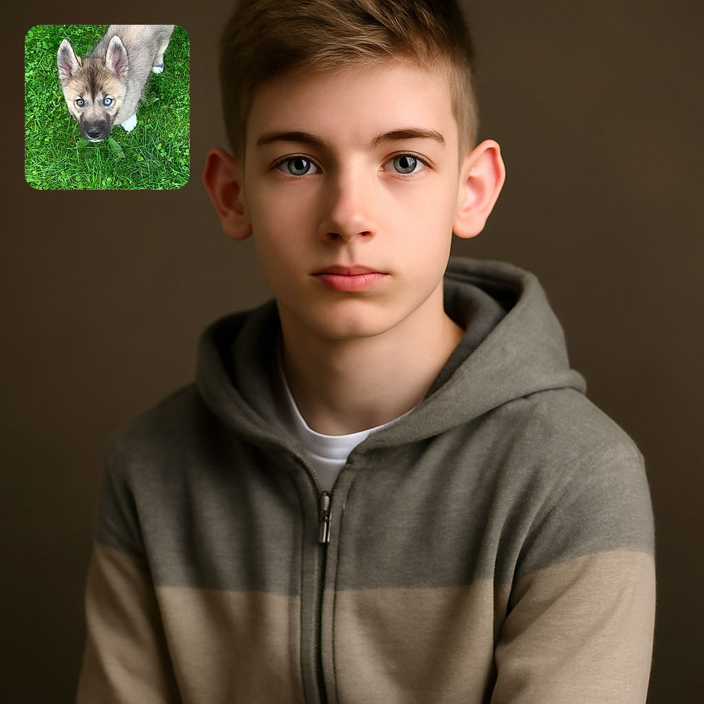 A fluffy puppy with one blue eye and one brown eye looks up curiously from a lush green grassy background, its ears perked and tail wagging in anticipation.
