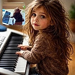 A fluffy kitten sits adorably on a wooden floor, pawing at the keys of a piano as if composing a tiny masterpiece. The soft lighting highlights the kitten's curious eyes and tousled fur, creating a heartwarming and artistic scene.