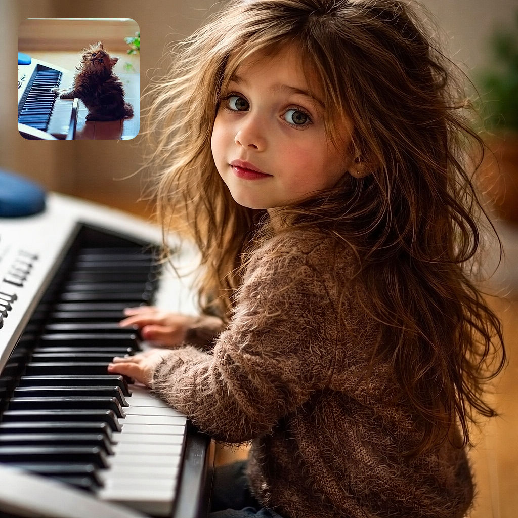A fluffy kitten sits adorably on a wooden floor, pawing at the keys of a piano as if composing a tiny masterpiece. The soft lighting highlights the kitten's curious eyes and tousled fur, creating a heartwarming and artistic scene.