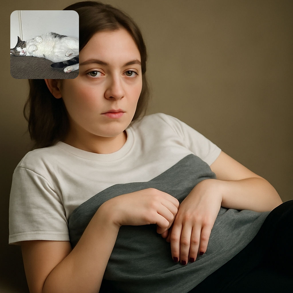 A chubby cat is lounging lazily on a brown textured couch, belly up and looking relaxed with a slightly curious expression. The background is a plain light wall, making the cat the clear star of this cozy indoor scene.