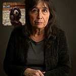 A fluffy, wide-eyed dog with a slightly tousled coat sits on a patterned rug, looking up with an expression that screams 'treat, please?' The cozy wood-paneled room and soft lighting add a warm, homey vibe.