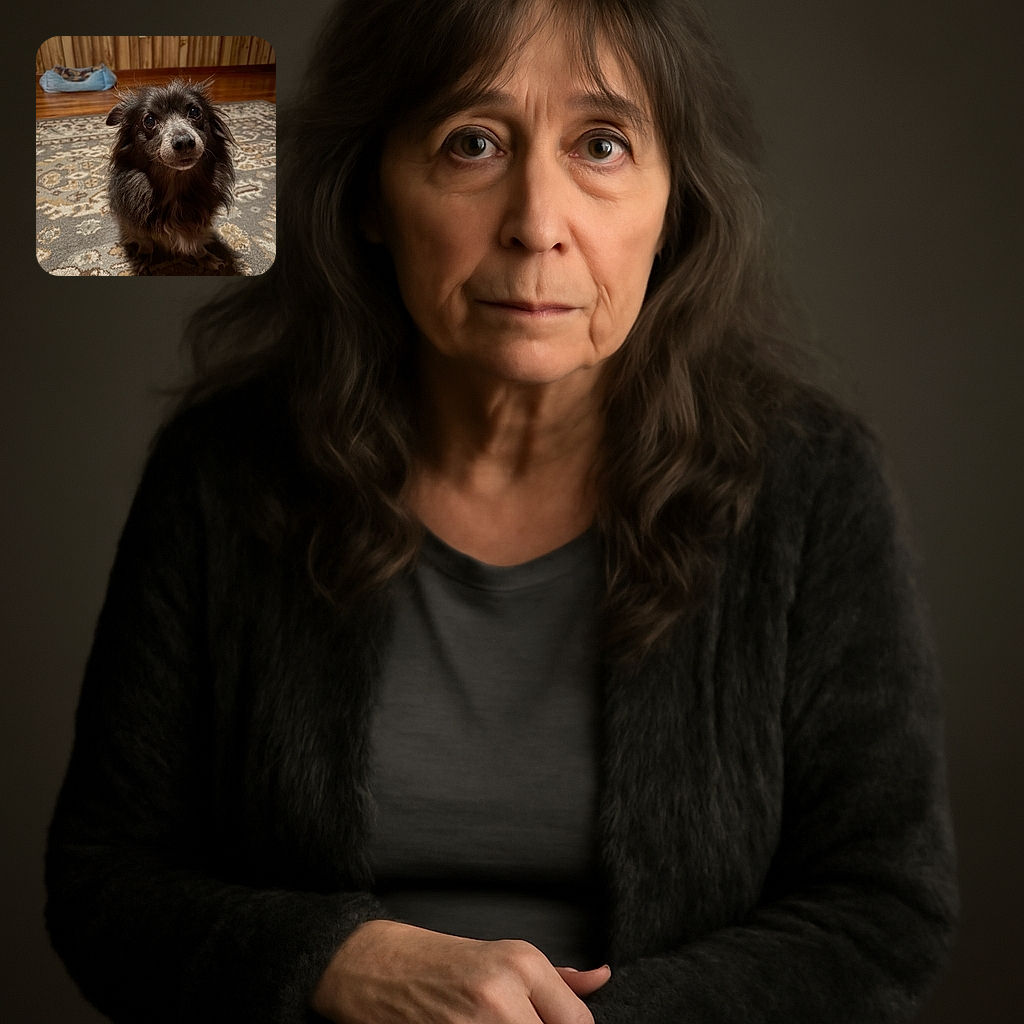 A fluffy, wide-eyed dog with a slightly tousled coat sits on a patterned rug, looking up with an expression that screams 'treat, please?' The cozy wood-paneled room and soft lighting add a warm, homey vibe.