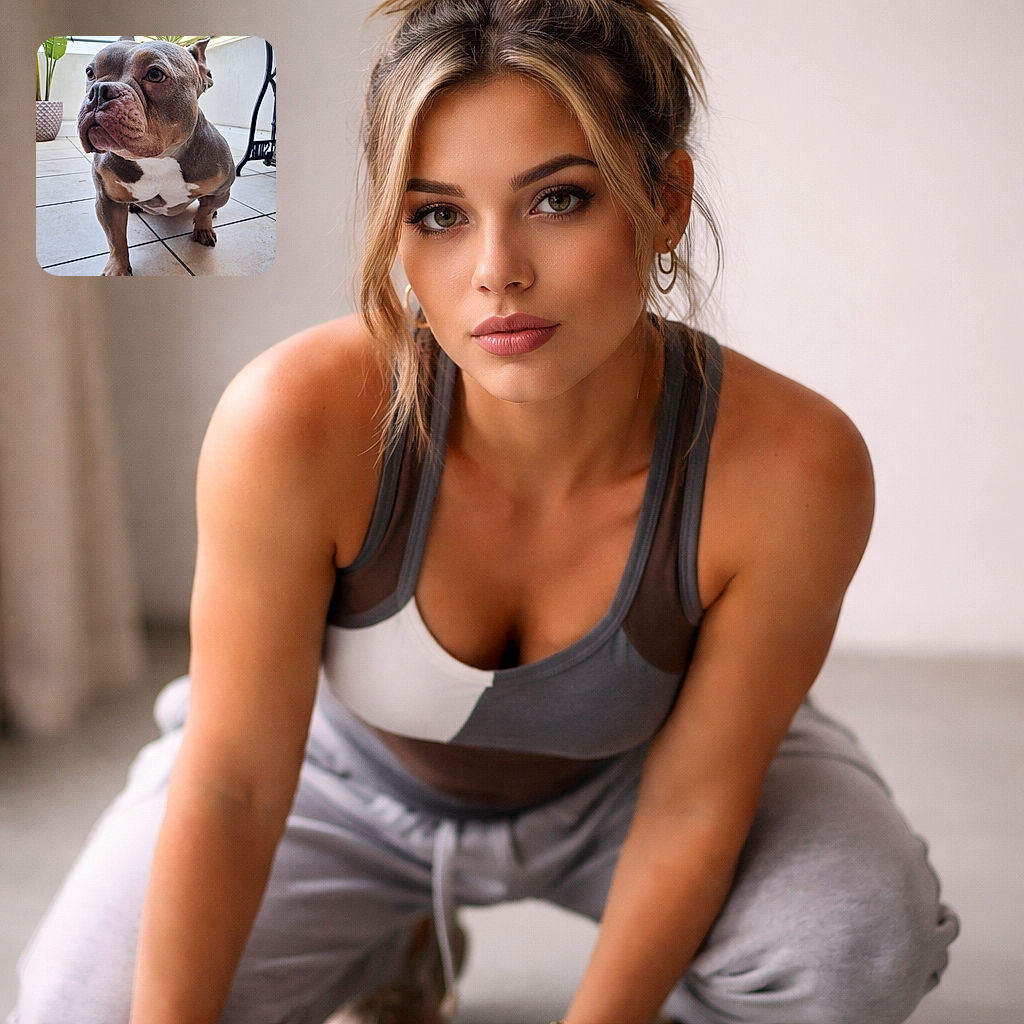 A squat, squishy-faced bully stares off like a tiny, judgmental lion — tiles underfoot, a potted plant as a dramatic backdrop, and enough wrinkles to write a novel. Low-angle close-up makes the paws look heroic and the nose impossible to ignore.