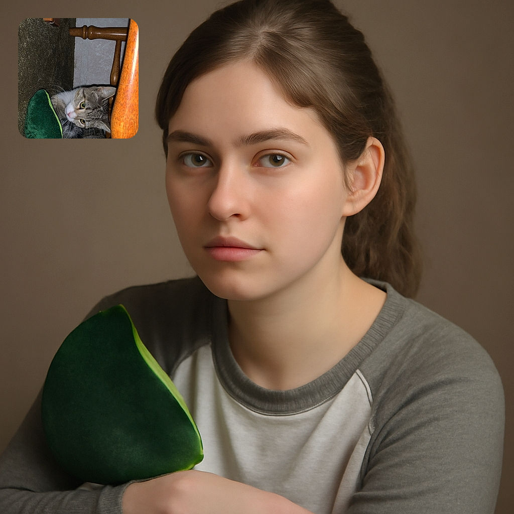 A curious tabby cat is nestled under a wooden chair, clutching a green plush toy that looks like a half avocado, eyes wide and alert as if guarding its treasure from invisible intruders.