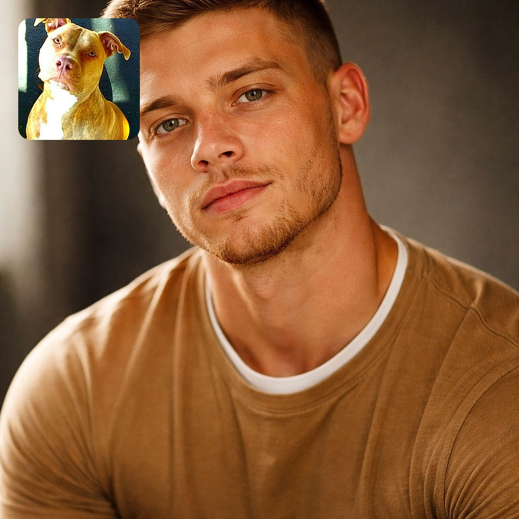 A close-up photo of a brown and white dog with a serious expression, sitting in a spot of sunlight that highlights its face and chest against a dark background.