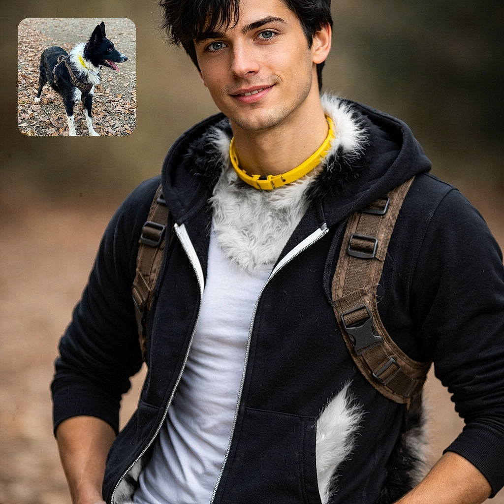 A lively black and white dog wearing a brown harness and a yellow collar stands alert on a ground covered with dry autumn leaves, tongue out, looking off to the side as if ready for an adventure in the crisp fall air.