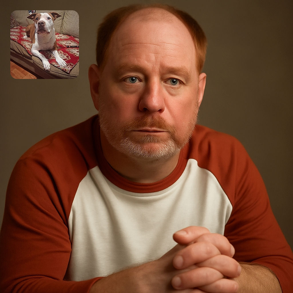 A brown and white dog lounges on a patterned red blanket atop a beige couch, looking attentively at something off-camera. The cozy living room setting includes a wooden floor and a casually draped cloth in the background.