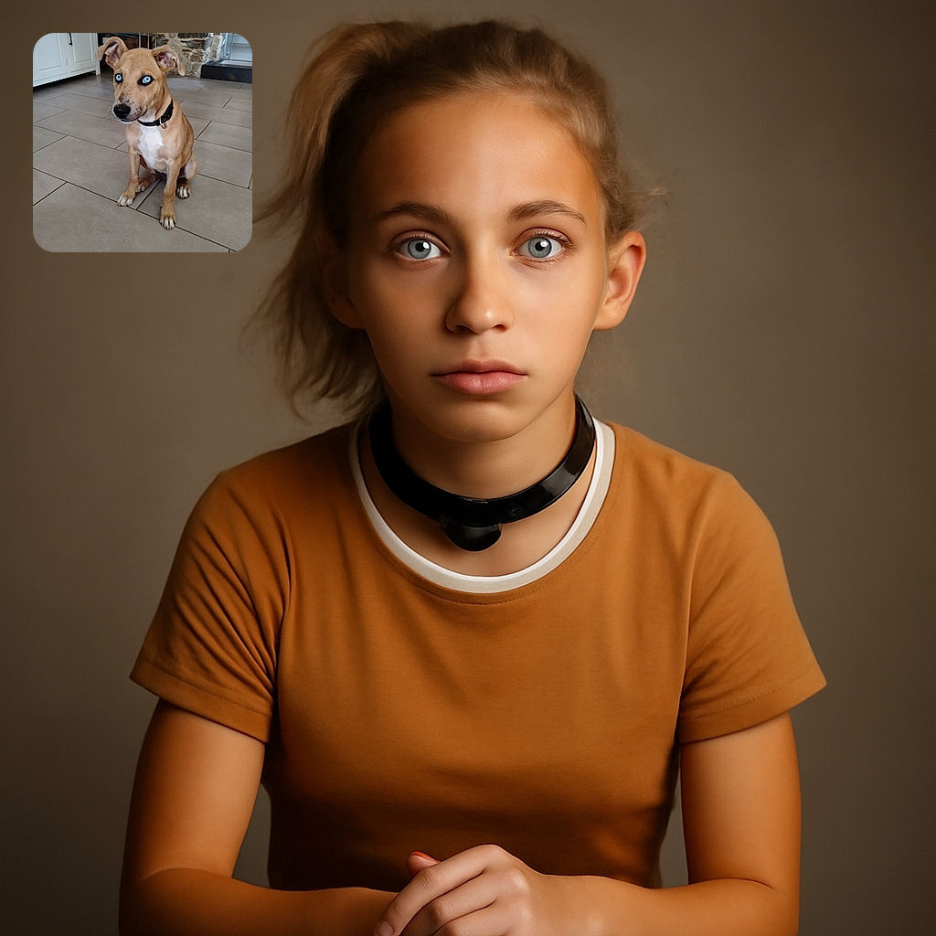 A charming tan dog with striking bright blue eyes sits attentively on a tiled floor in a cozy room with stone walls and white cabinetry, looking like it just heard a fascinating secret.