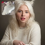 A fluffy white cat with a slightly open mouth looks up with curious green eyes, sitting on a textured carpet surrounded by some colorful fabric items. The lighting highlights the softness of its fur, making it look like a regal indoor explorer caught mid-meow.