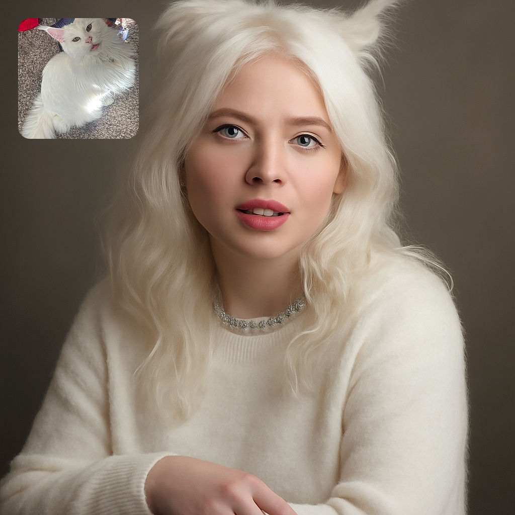 A fluffy white cat with a slightly open mouth looks up with curious green eyes, sitting on a textured carpet surrounded by some colorful fabric items. The lighting highlights the softness of its fur, making it look like a regal indoor explorer caught mid-meow.