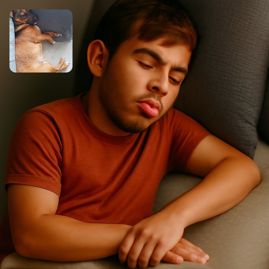 A cozy dog is napping on a couch with its tongue adorably sticking out, snuggled between cushions and looking like it's dreaming of treats.