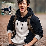 A lively black and white dog with its tongue hanging out stands on a leafy path in a park, looking off to the side. The background shows bare trees and a soft-focus natural setting, while a green bench curves into the foreground, adding a splash of color and framing the playful canine.