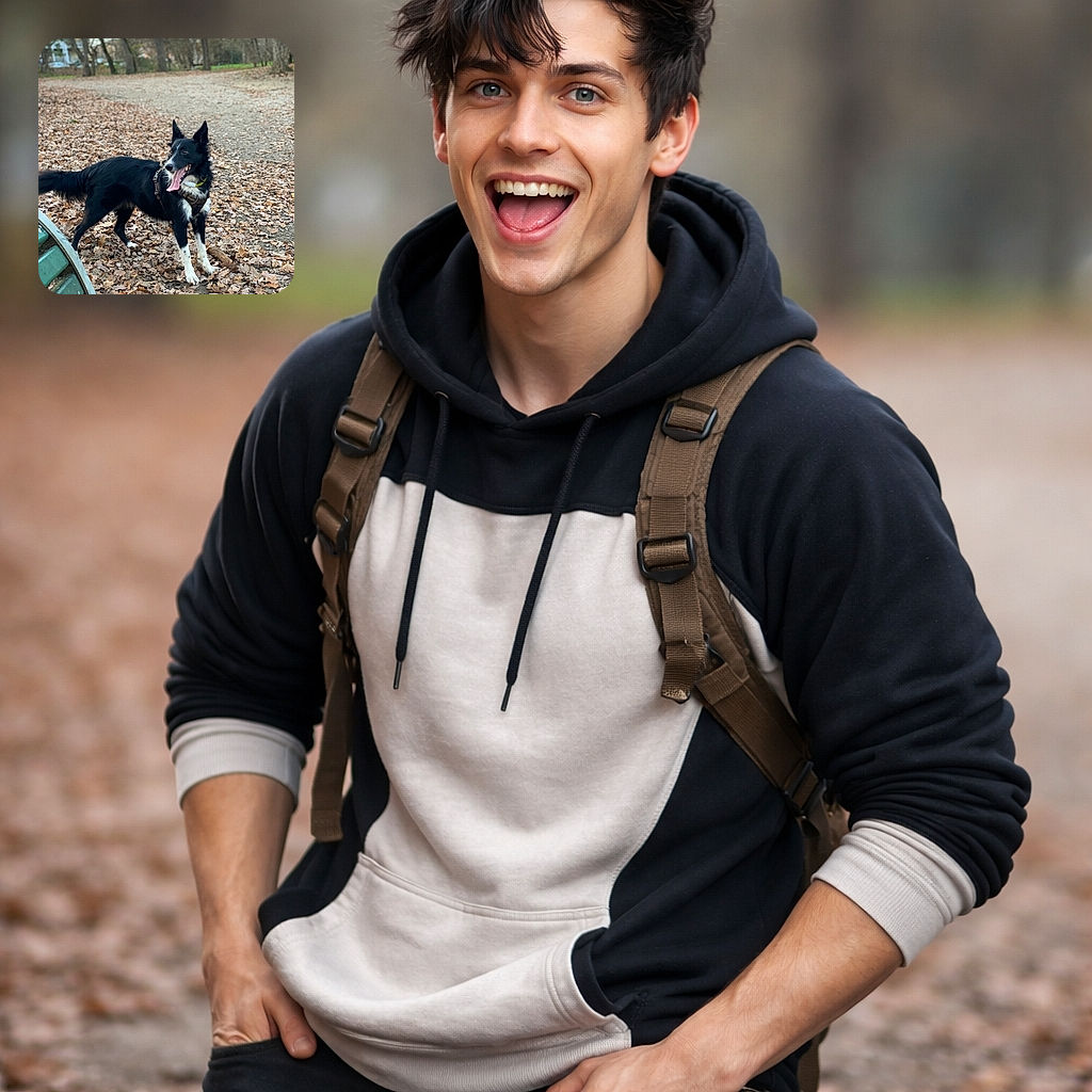 A lively black and white dog with its tongue hanging out stands on a leafy path in a park, looking off to the side. The background shows bare trees and a soft-focus natural setting, while a green bench curves into the foreground, adding a splash of color and framing the playful canine.