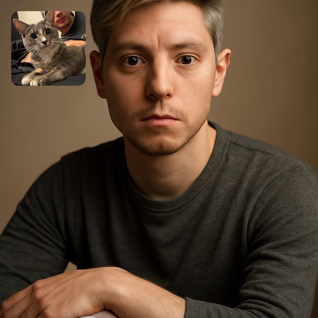 A close-up photo of a curious gray and white cat lounging comfortably with a person partially visible in the background, both appearing relaxed in a cozy indoor setting. The cat's face is slightly out of focus, giving a soft and intimate vibe.