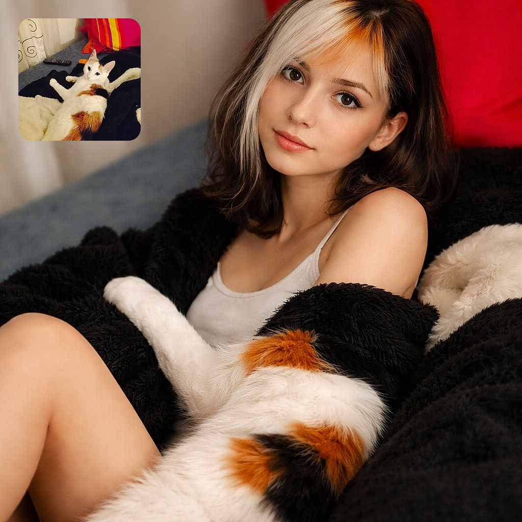 A cozy calico cat lounges comfortably on a soft blanket pile with a colorful striped pillow in the background and a TV remote nearby, looking back at the camera with a curious gaze.