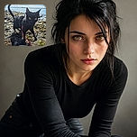 A sleek black cat stands on a rocky, seaweed-covered shoreline like a tiny pirate captain, staring intensely into the camera while its leash trails behind and the sparkling water provides a dramatic coastal backdrop.